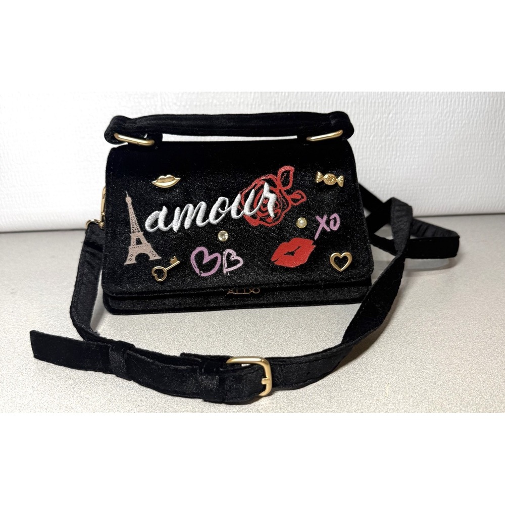 Aldo Amour Mini Handle black velvet embellishments Amour Eiffel Tower Hearts Lip